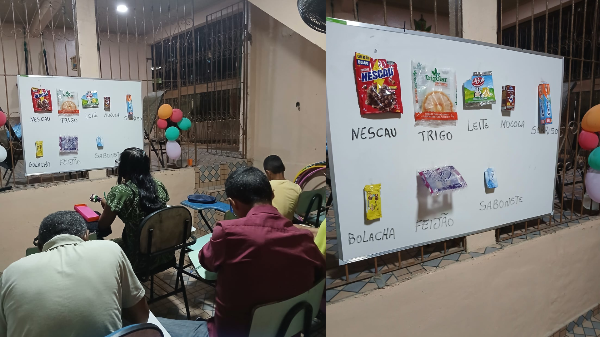 Alunos sentados em sala de aula; lousa mostra rótulos de produtos