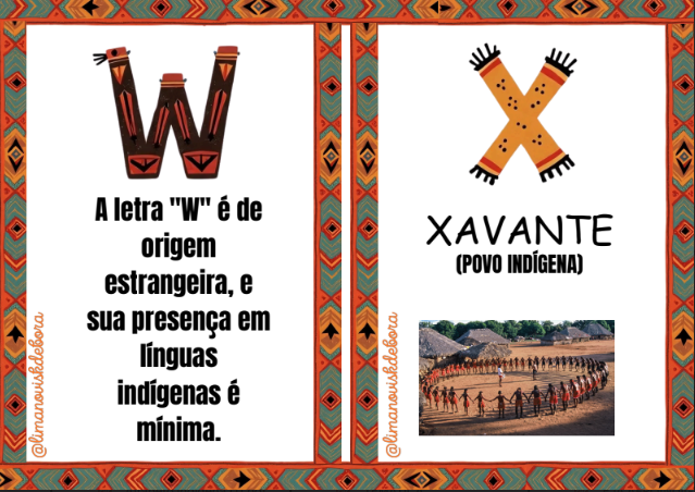 Alfabeto indígena mostra letra W e X, com explicações relacionadas aos povos indígenas