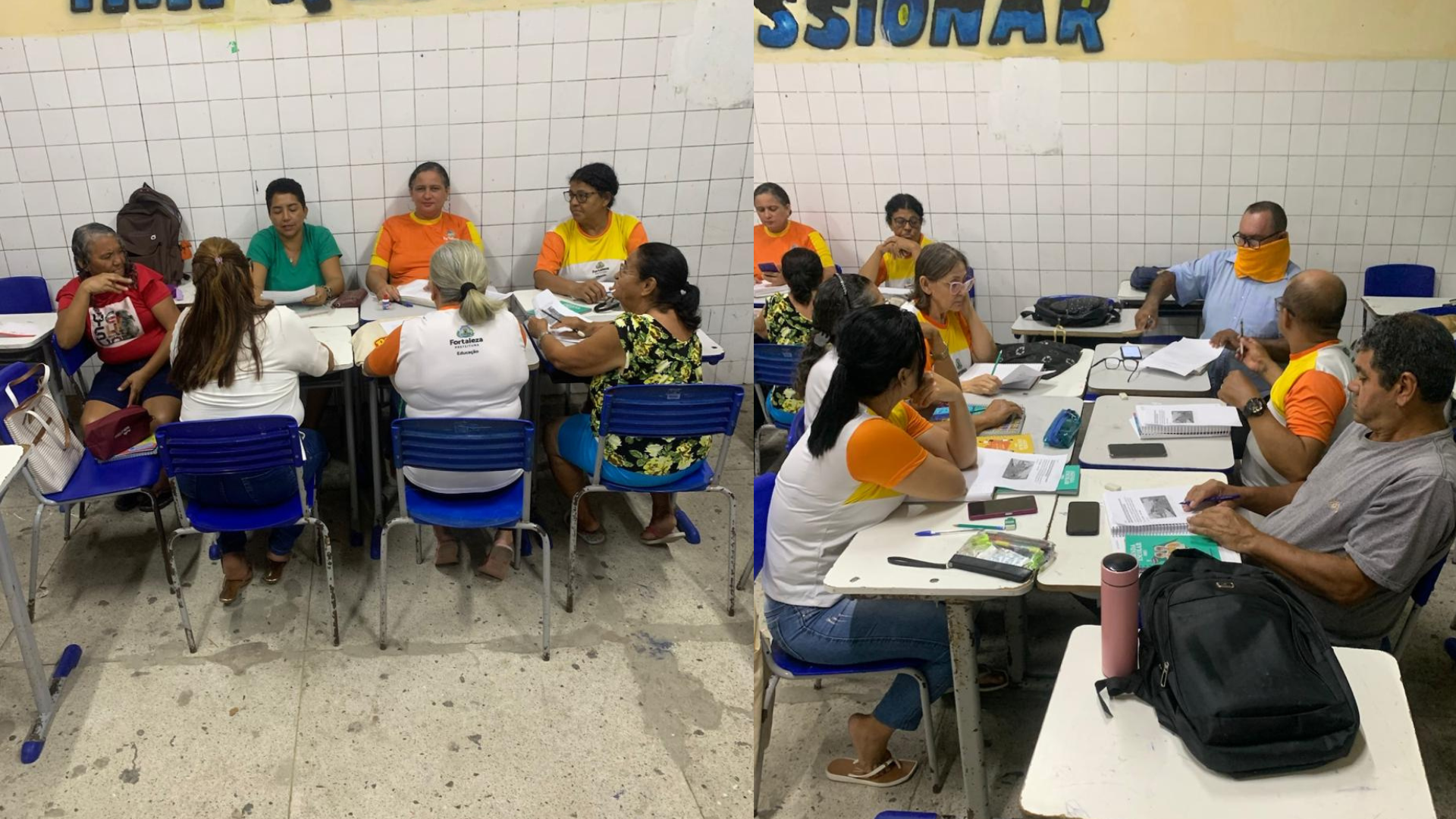 Alunos sentados em grupos desenvolvendo atividade
