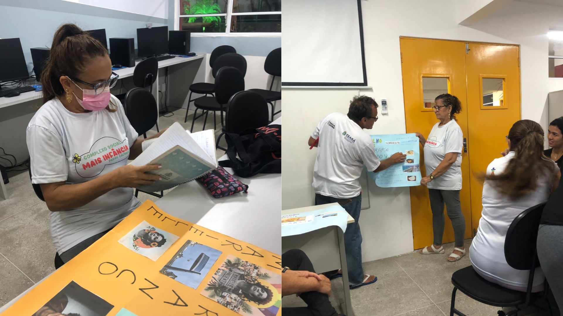 Na esquerda, vemos uma aluna montando um cartaz; na direita, vemos dois alunos apresentando um trabalho com um cartaz